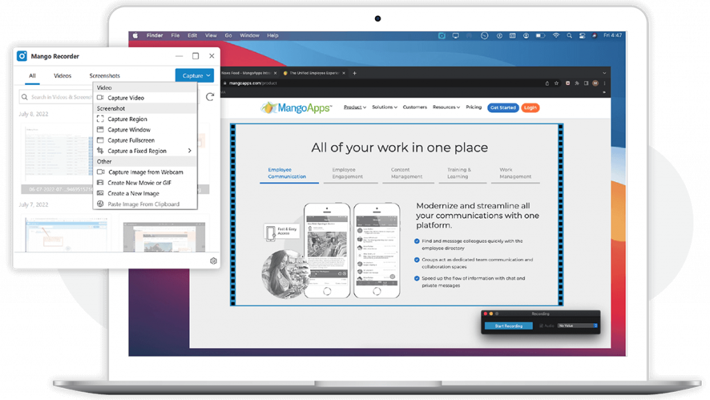 Mango Recorder allows users to capture or record a full window or region, or select one of multiple screens.