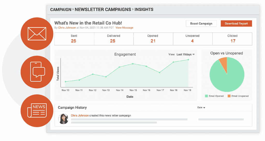 In-depth insights can be viewed in real time, such as unique clicks, device types (web vs mobile), opens by location/department/job title, date opened, time opened and more.