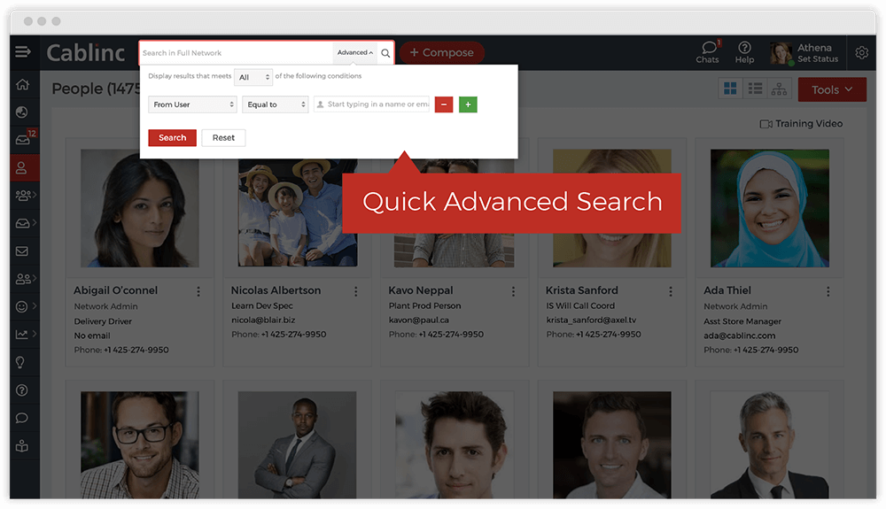 Search the employee directory by department, location, expertise, skills and more, with multiple criteria and saveable filters. 