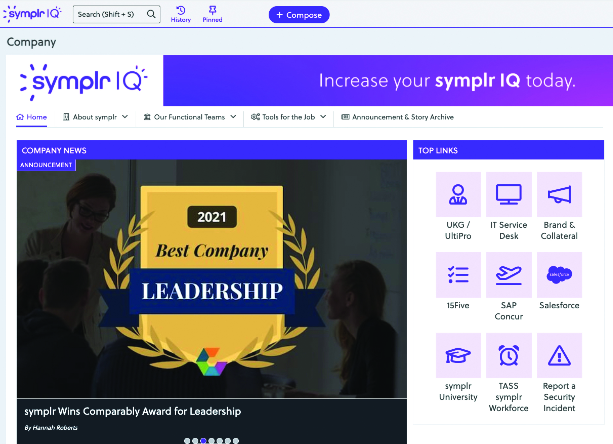 symplr's company intranet home page