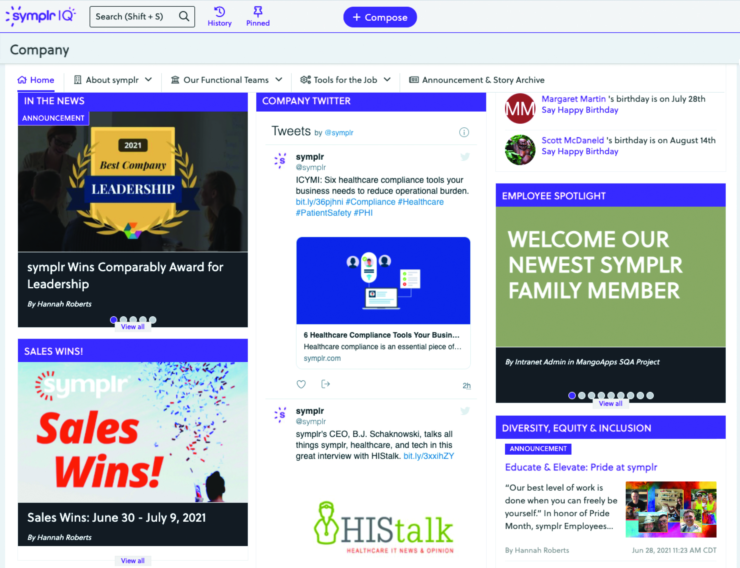 symplr's intranet home page and news feed
